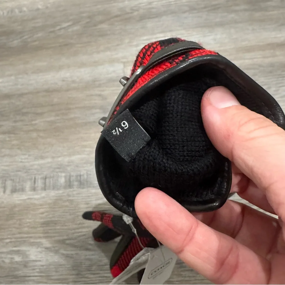 Coach Plaid Red Black Leather Gloves